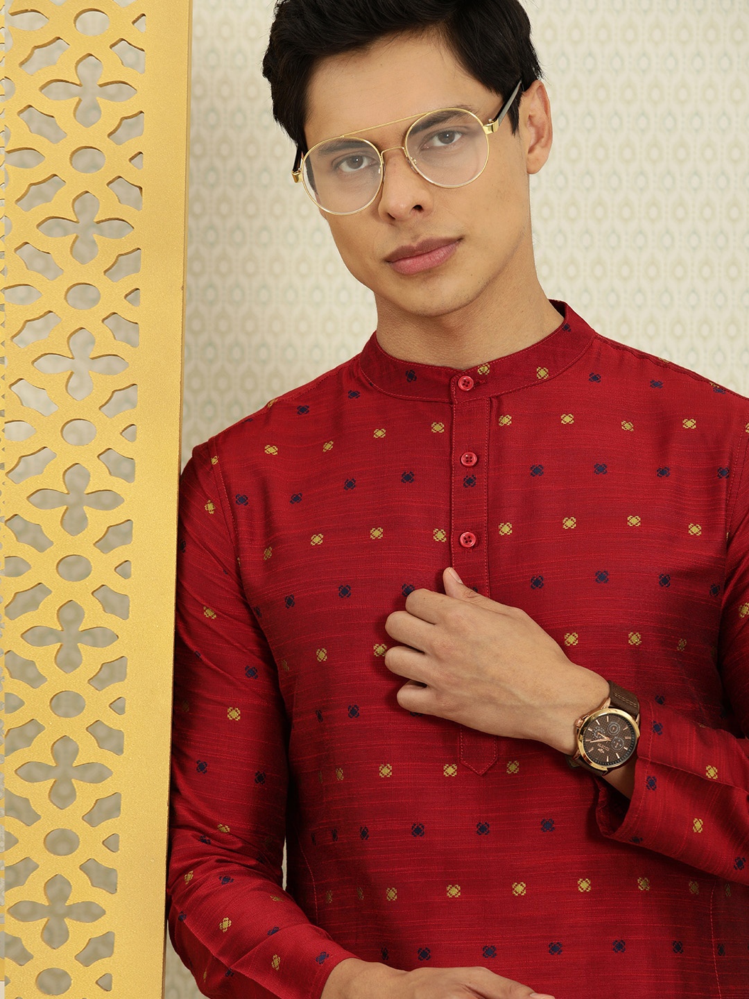 

House of Pataudi Men Red Woven Design Jashn Kurta