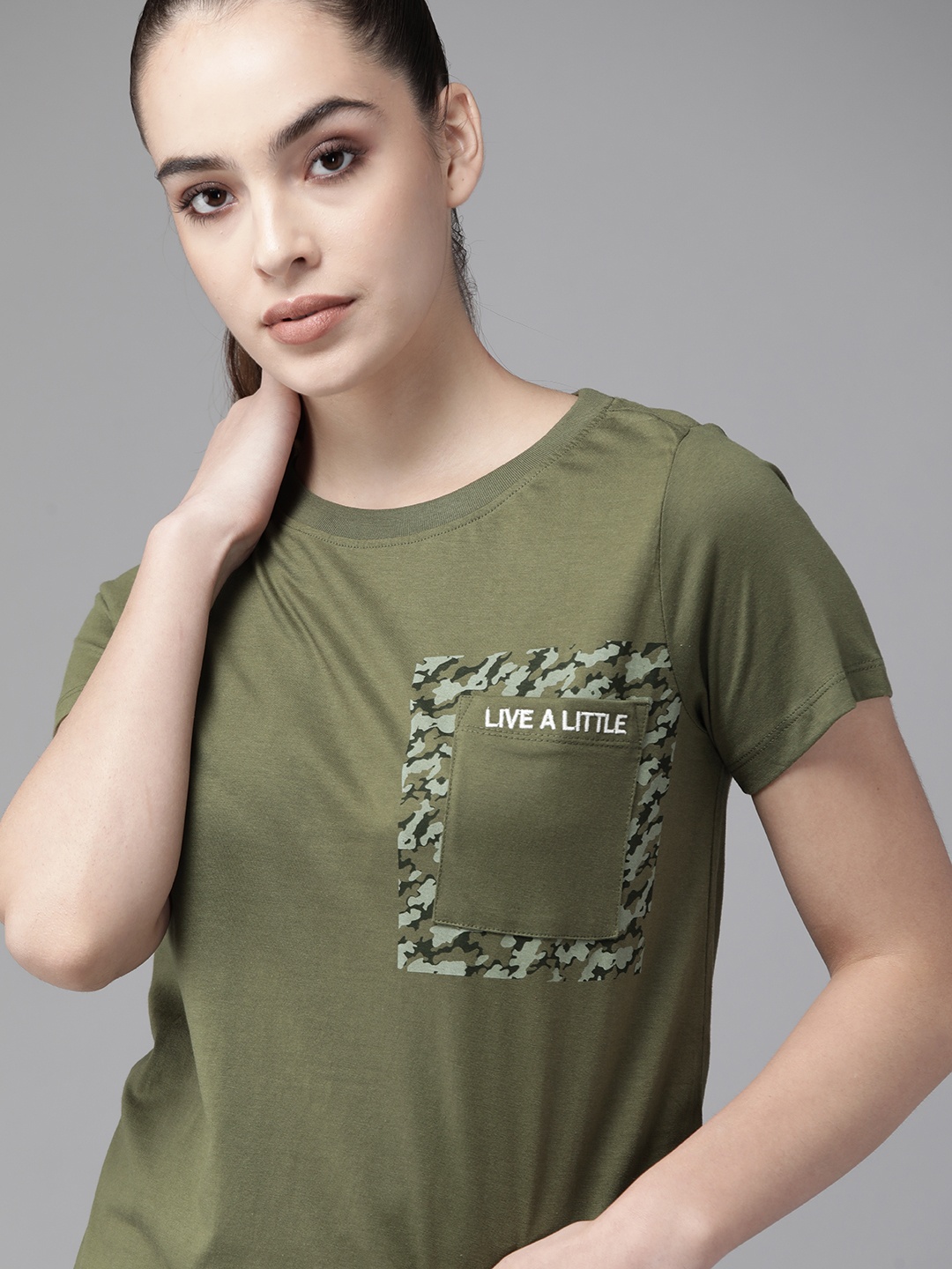 

Roadster Women Olive Green Solid Cotton Pocket T-shirt