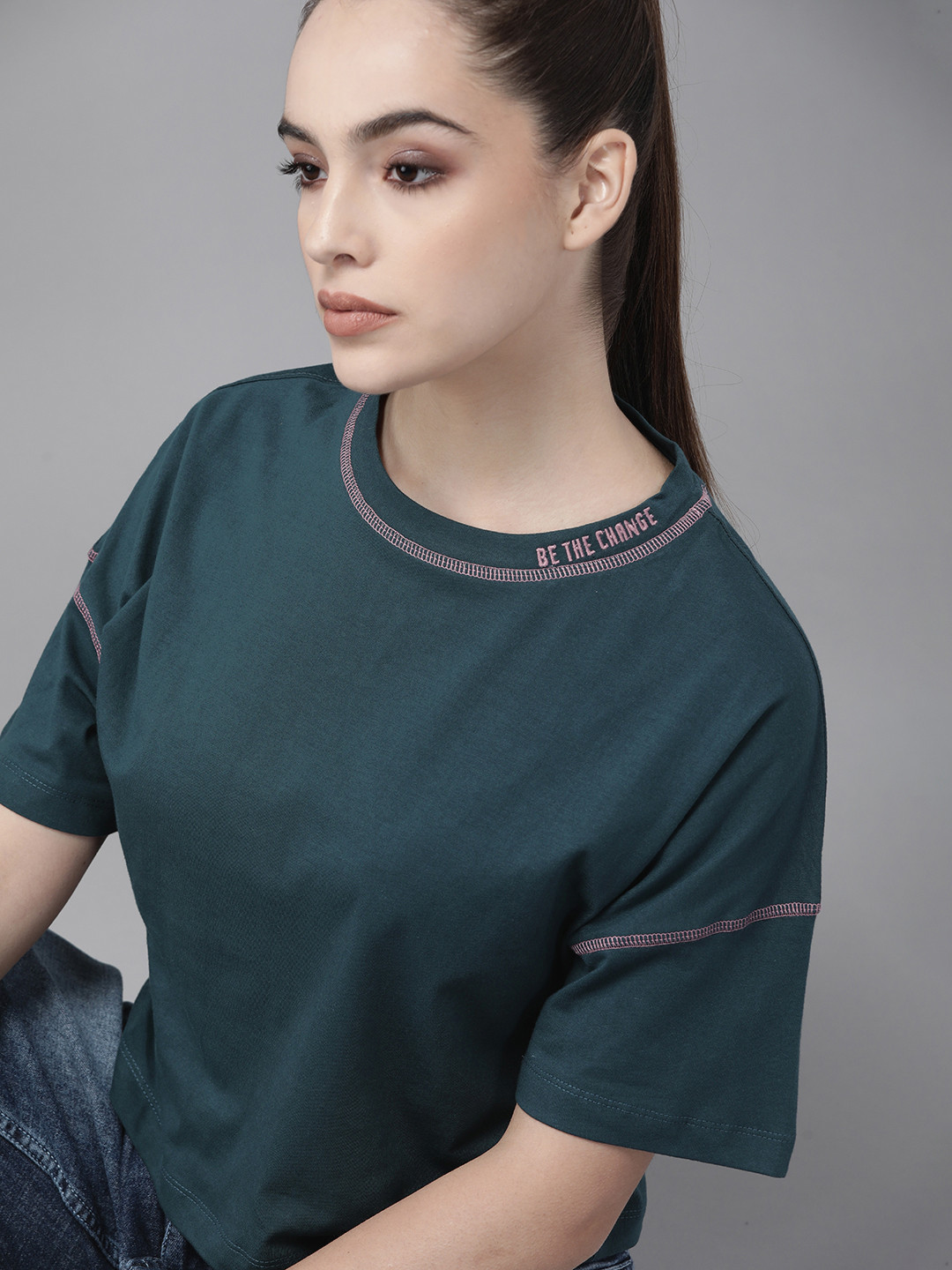 

Roadster Women Green Solid Cotton Drop-Shoulder Sleeves T-shirt with Embroidered Detail