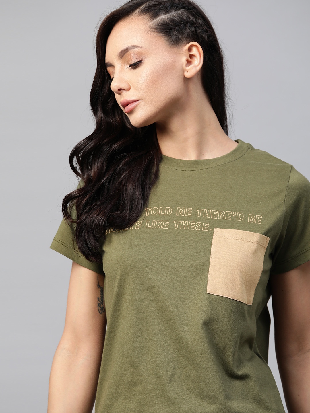 

Roadster Women Olive Green Typography Printed T-shirt