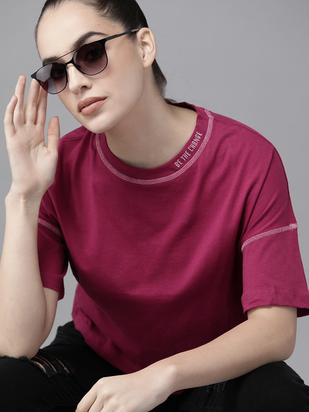 

Roadster Women Burgundy Solid Cotton Drop-Shoulder Sleeves T-shirt with Embroidered Detail