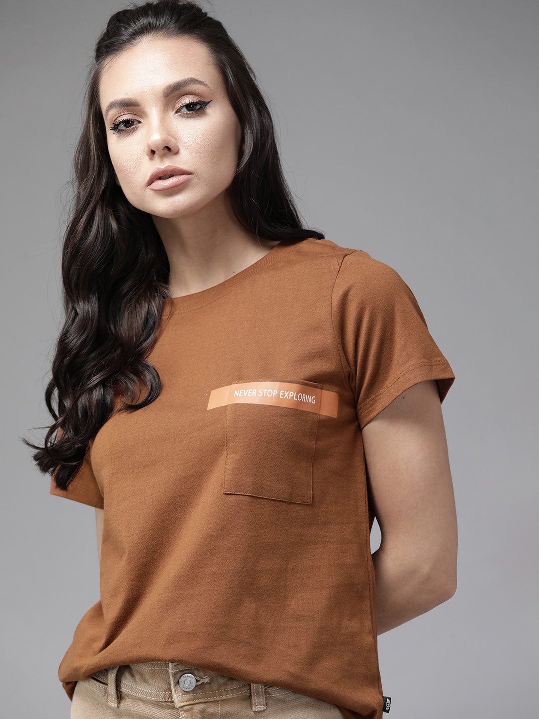 

Roadster Women Brown Solid Pure Cotton T-shirt