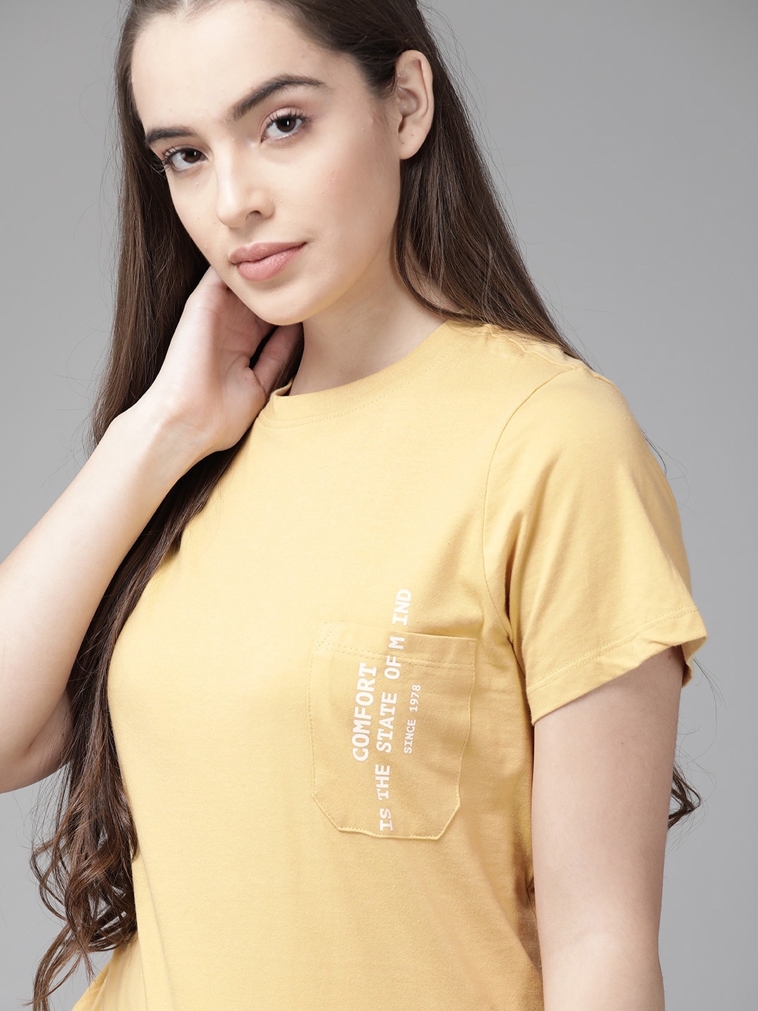 

Roadster Women Yellow Pocket Detailing Pure Cotton T-shirt