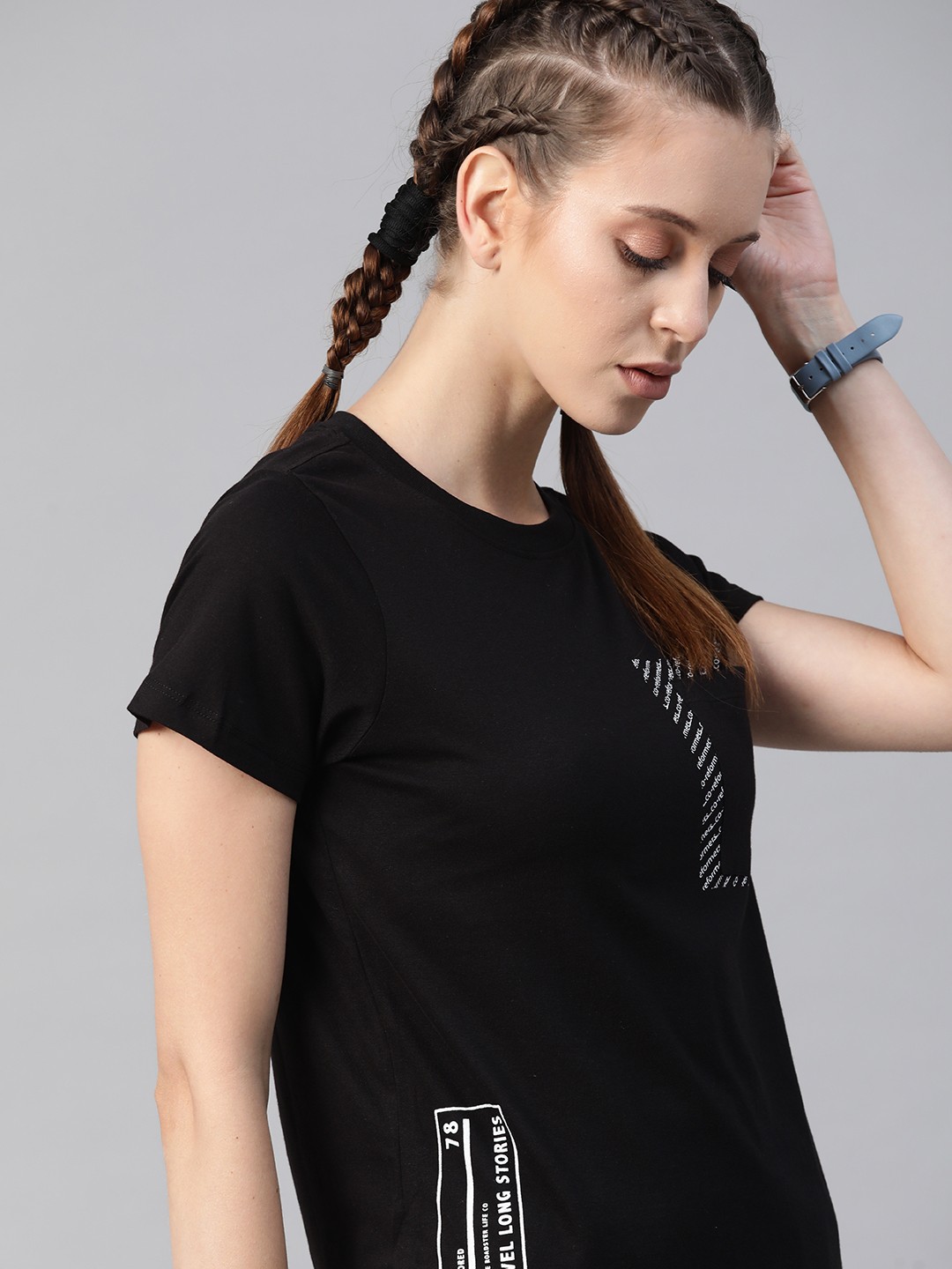 

Roadster Women Black White Typography Printed Pure Cotton T-shirt