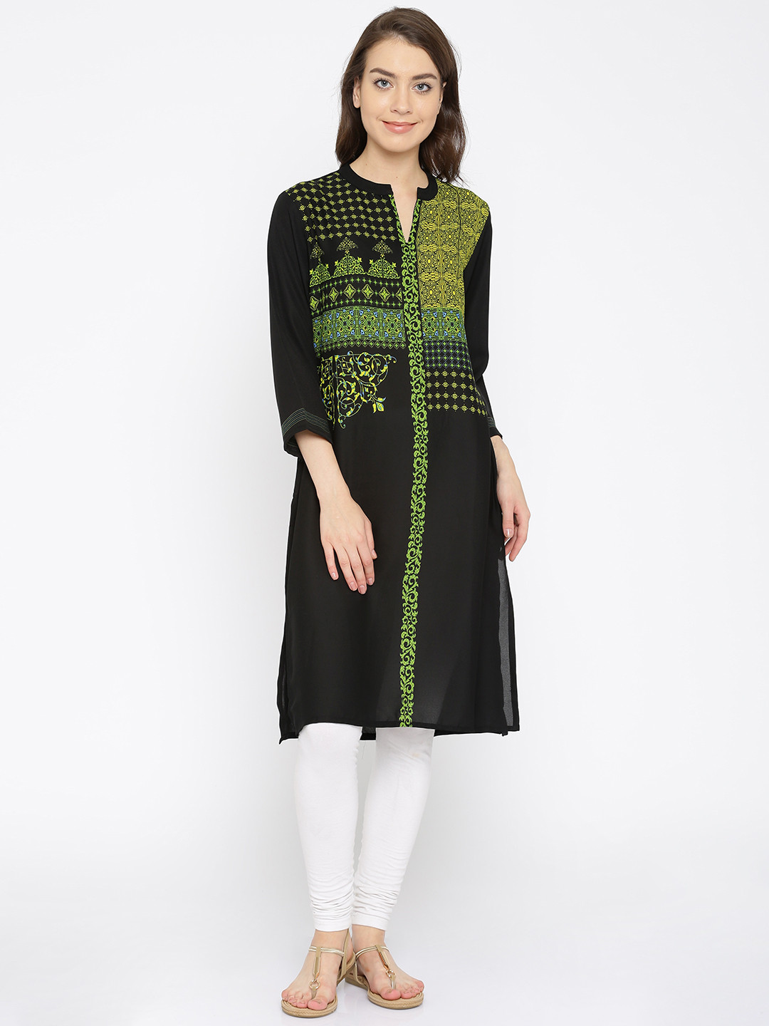 

IMARA Women Black Printed Straight Kurta