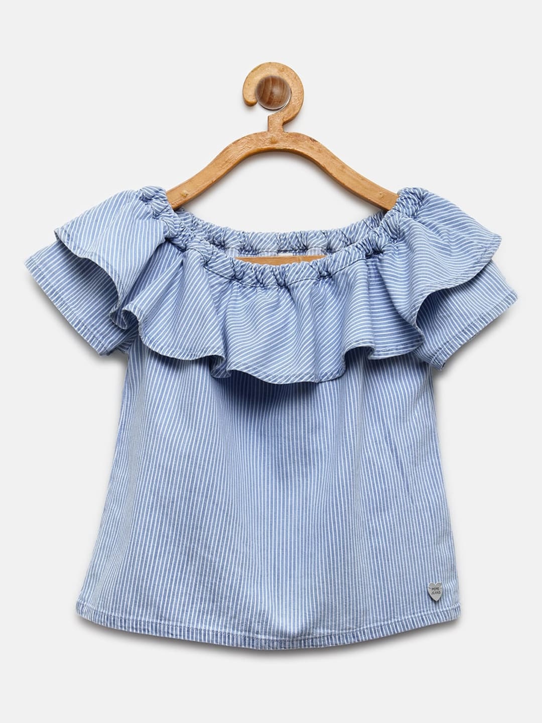 

Pepe Jeans Blue & White Striped Off-Shoulder Pure Cotton Ruffled Bardot Top