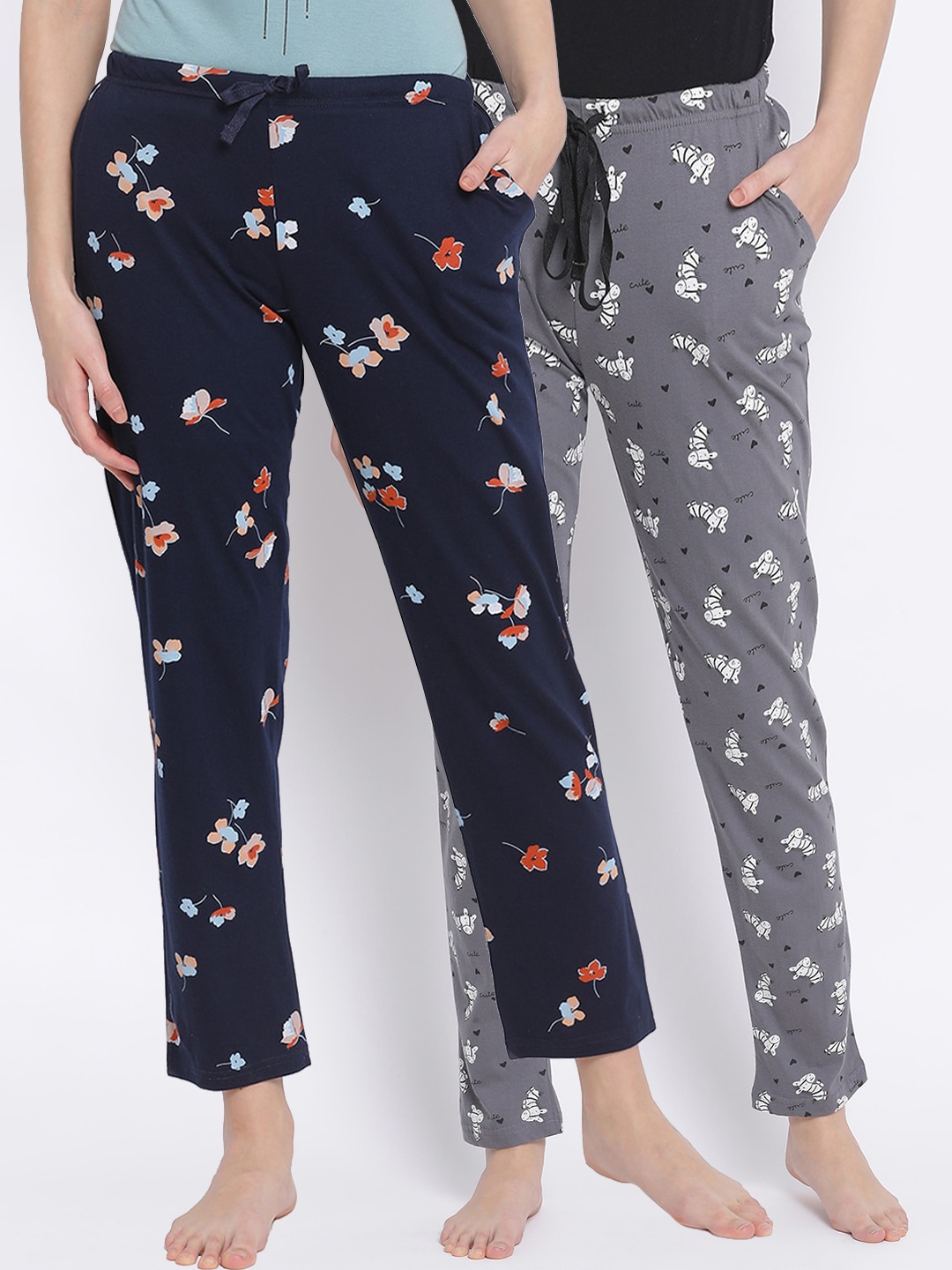 

Kanvin Women Pack Of 2 Printed Pure Cotton Lounge Pants, Grey