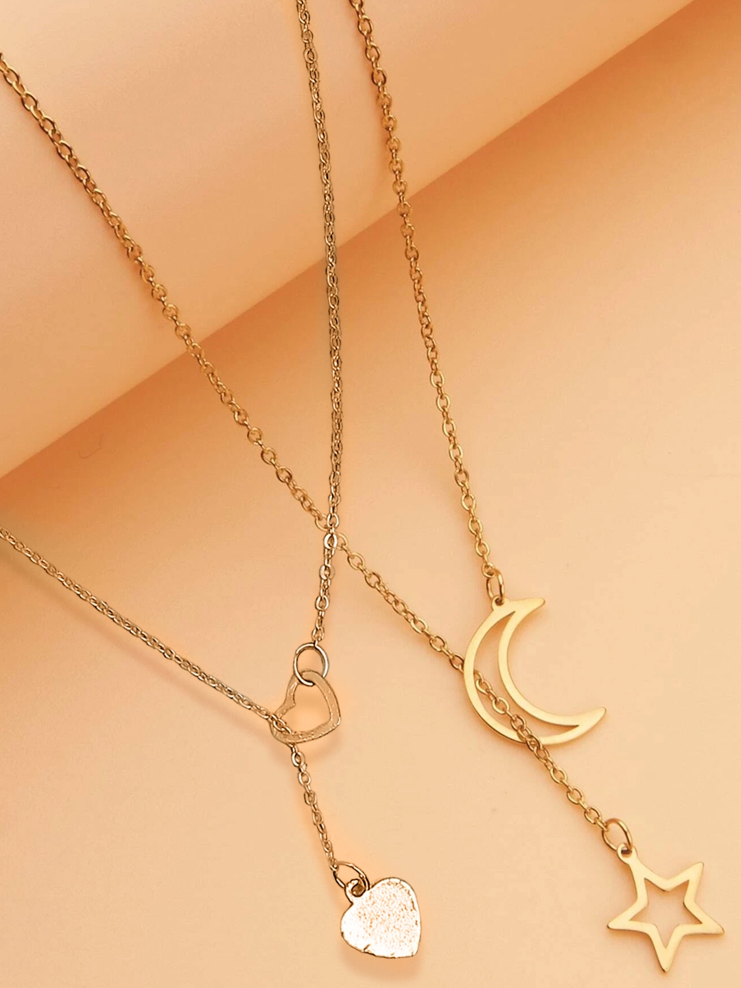 

OOMPH Women Set of 2 Gold Tone Delicate Lariat Chain Heart, Star & Moon Fashion Necklace