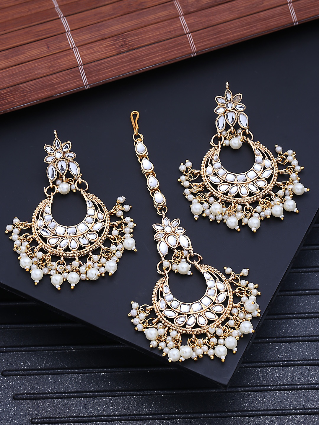 

Yellow Chimes White & Gold-Plated Studded & Beaded Handcrafted Earring With Maangtikka