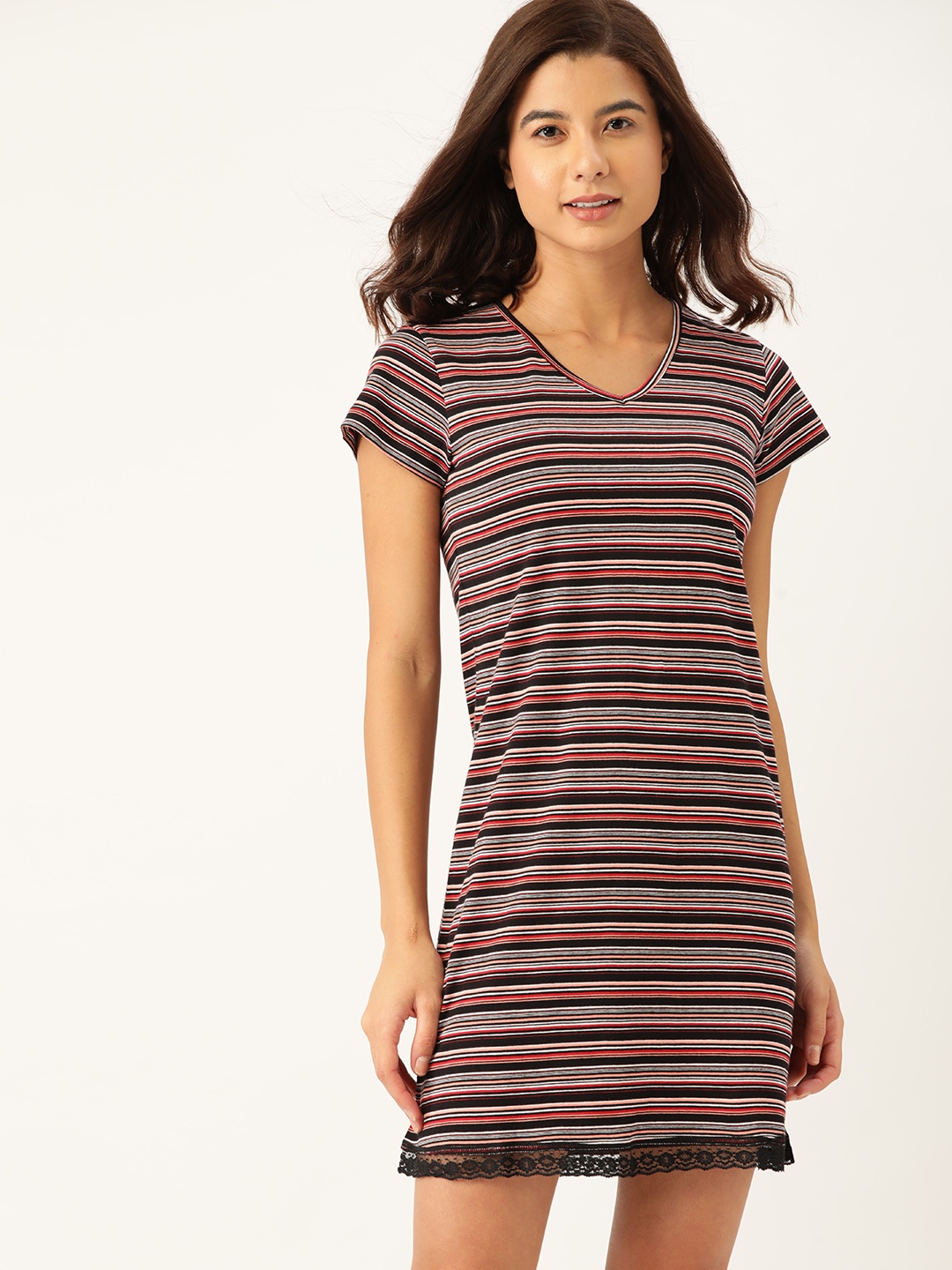 

ETC Black & Red Pure Cotton Striped Nightdress