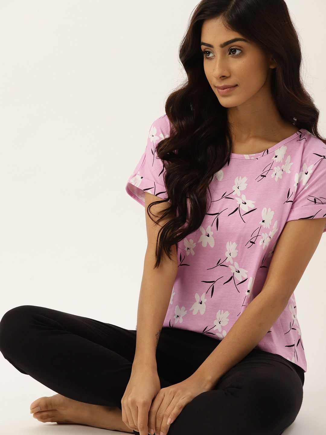 

ETC Women Pink & Black Cotton Floral Print Pyjamas Set