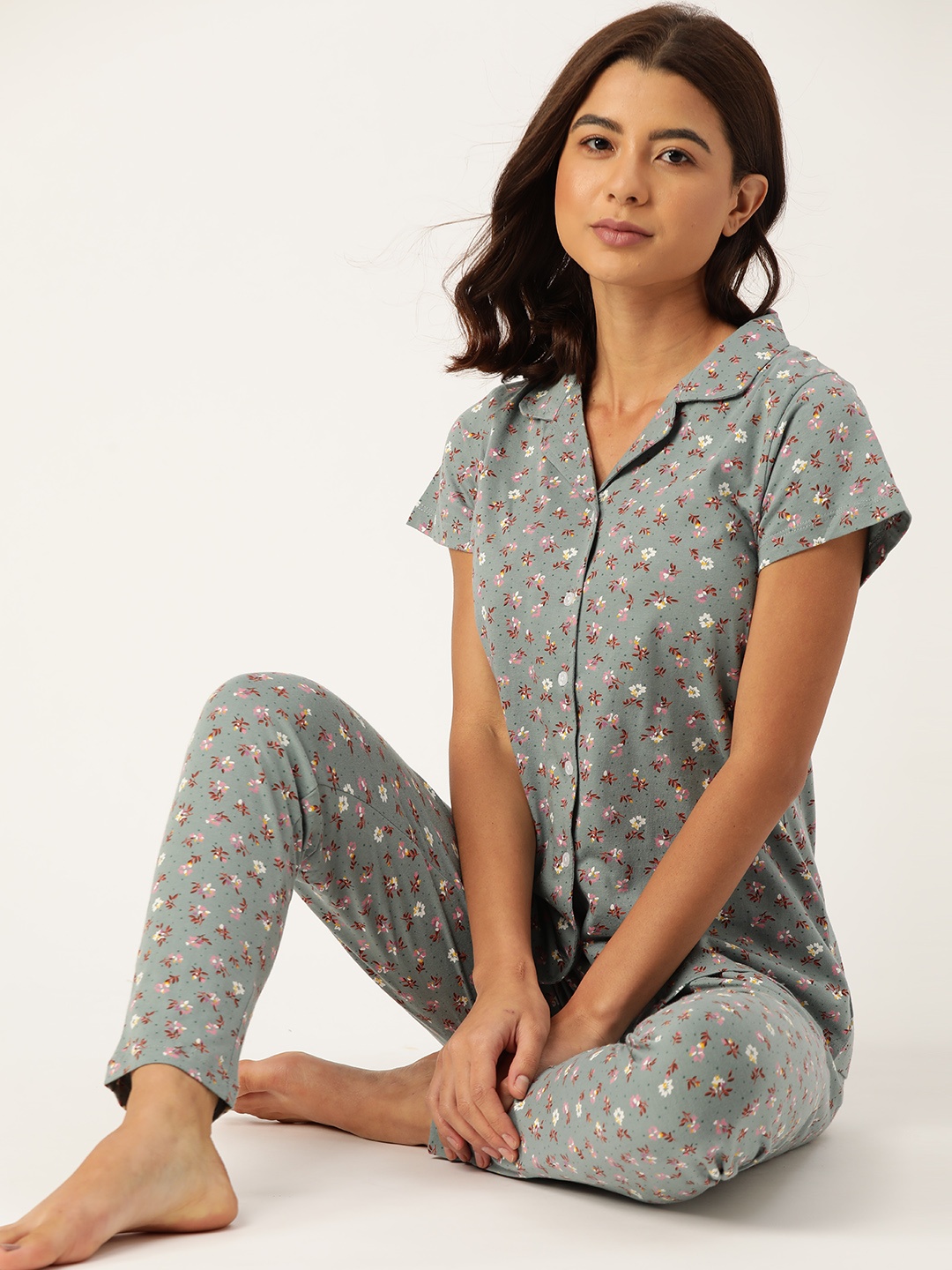 

ETC Women Green & Pink Cotton Floral Print Pyjamas Set