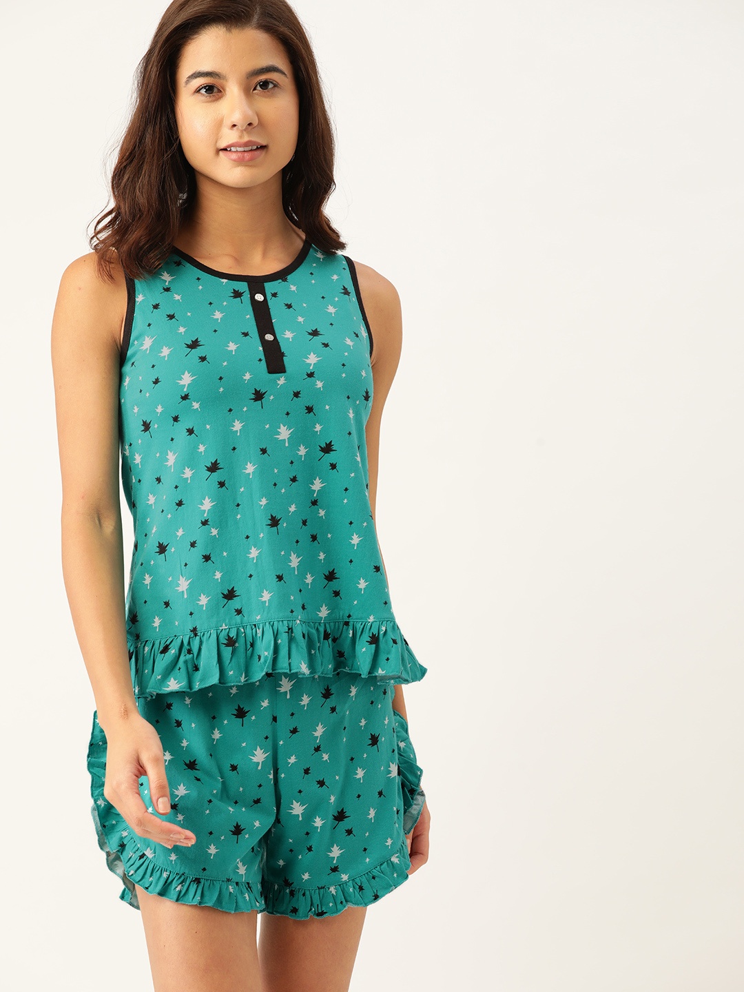 

ETC Women Green & Black Printed Frilled Hem Shorts Set