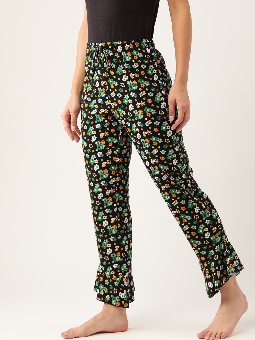 

ETC Women Black & Green Printed Pure Cotton Lounge Pants