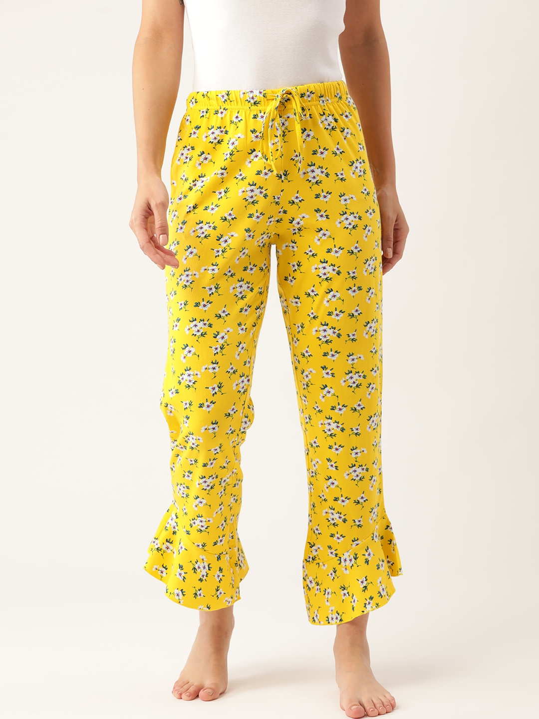

ETC Women Yellow & Green Printed Pure Cotton Flared Lounge Pants