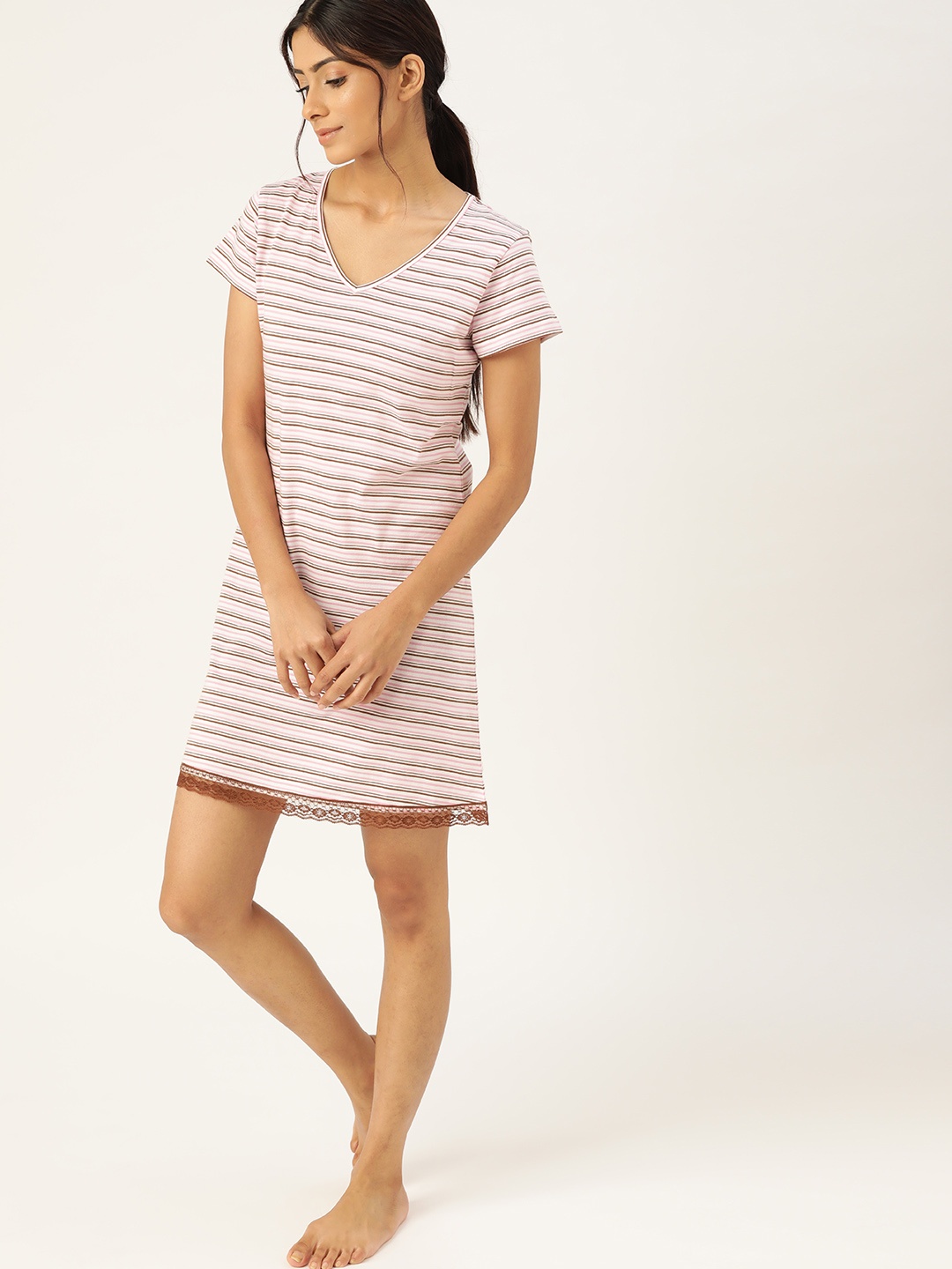 

ETC Women Pink & Maroon Pure Cotton Striped Sleep Shirt