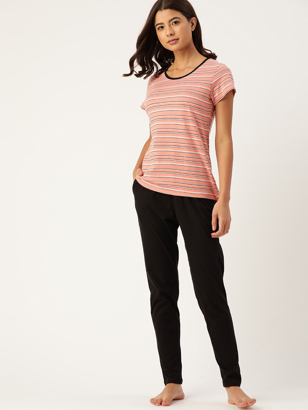 

ETC Women Pink & Black Pure Cotton Striped Night suit