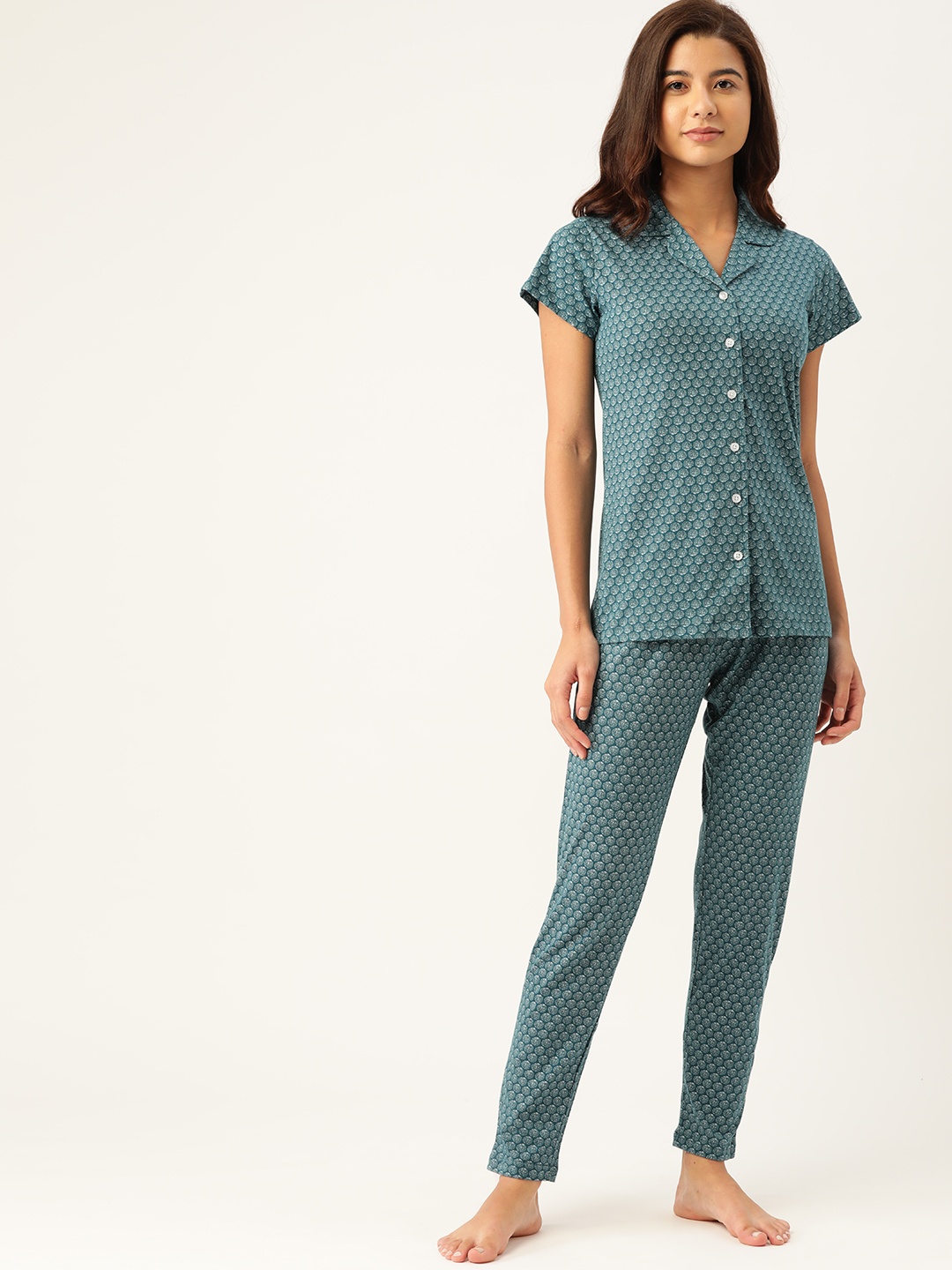 

ETC Women Teal Blue & White Printed Pure Cotton Pyjamas Set