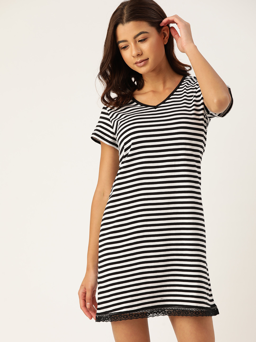

ETC White & Black Pure Cotton Striped Nightdress