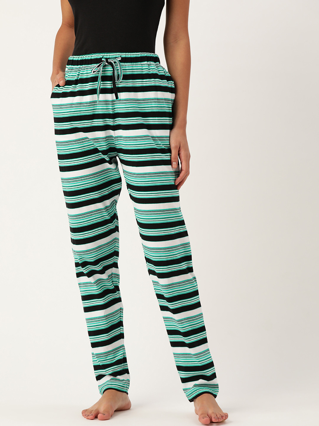 

ETC Women Green & Black Pure Cotton Striped Lounge Joggers