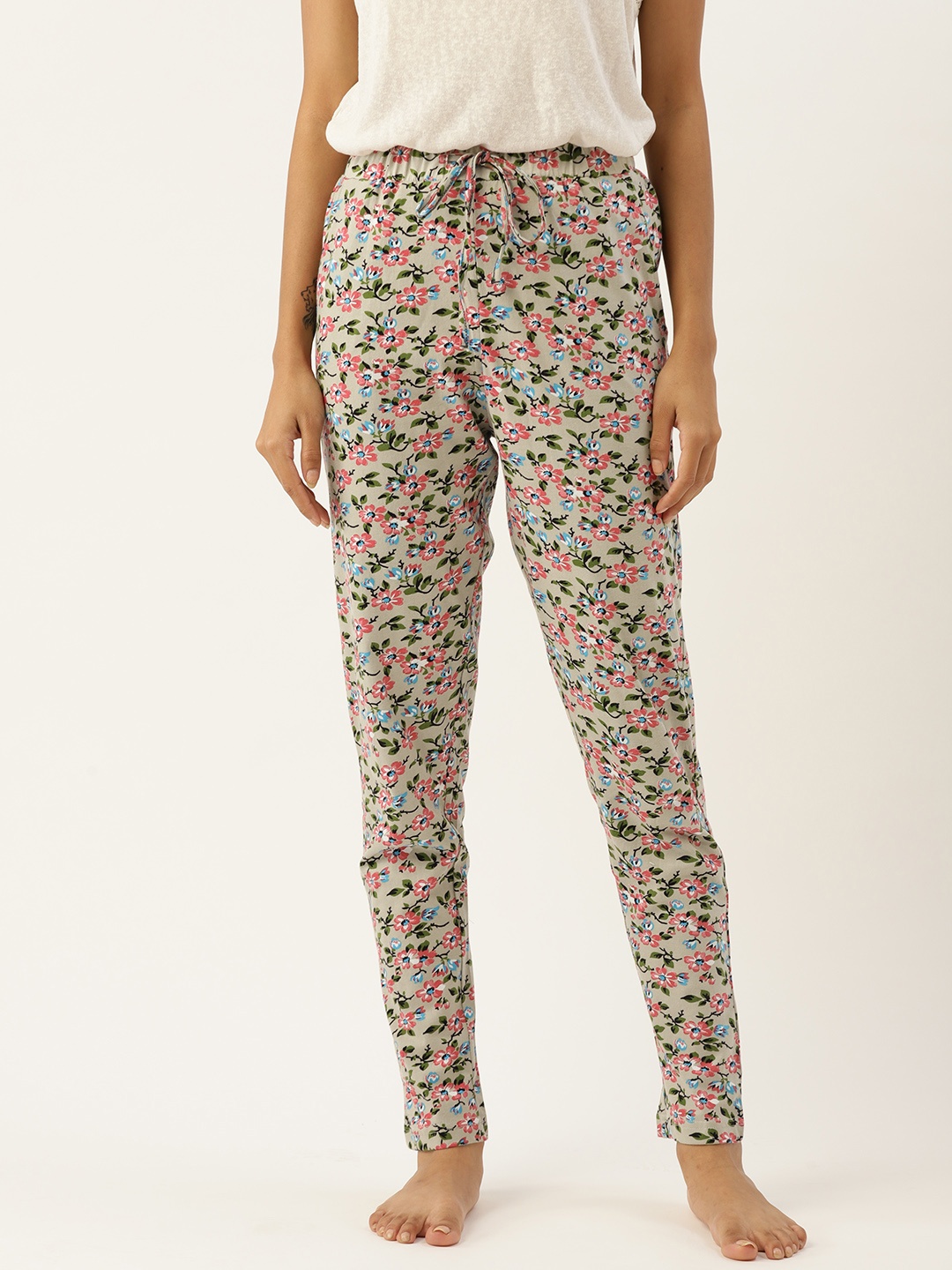 

ETC Women Green & Pink Pure Cotton Floral Printed Lounge Pants
