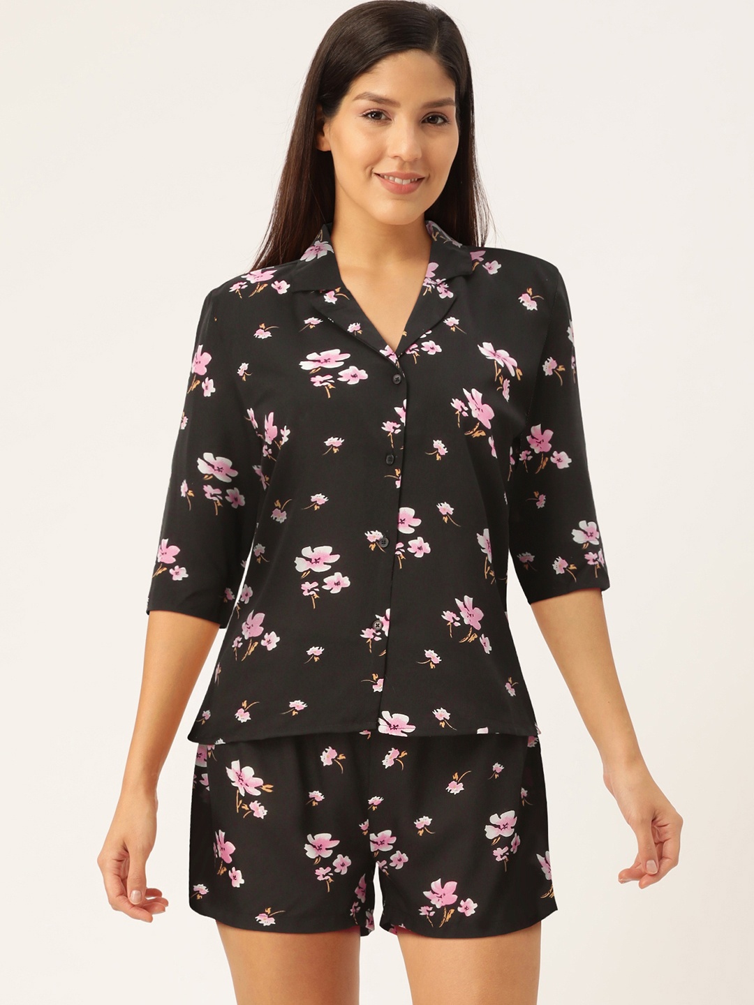

ETC Women Black & Pink Floral Printed Night suit