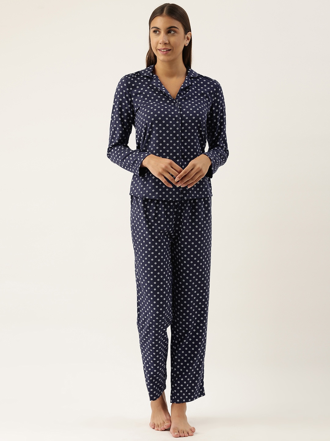 

ETC Women Navy Blue & White Printed Night suit