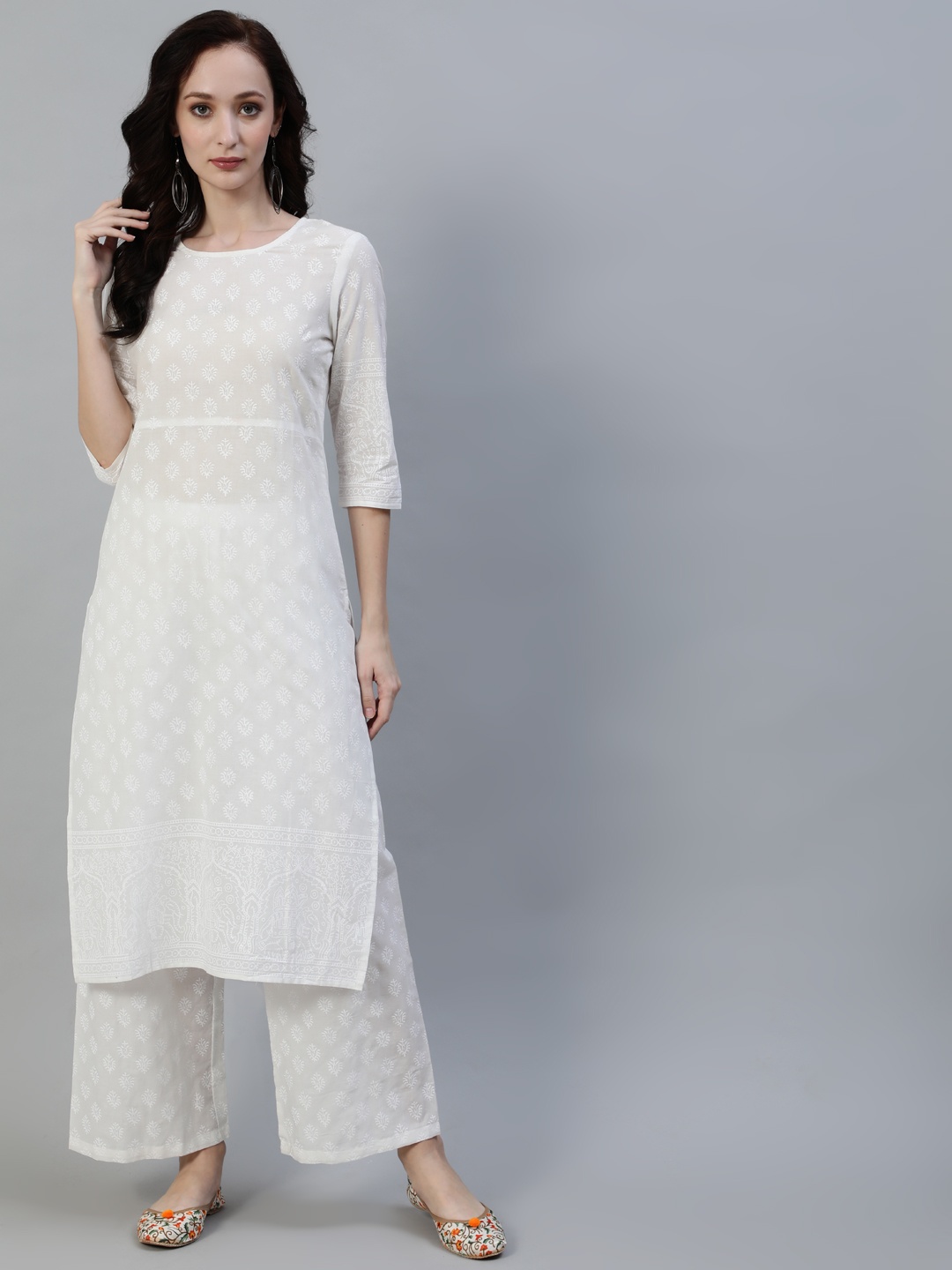 

Nayo Women Off White Straight Block Print Pure Cotton Kurta & Palazzos