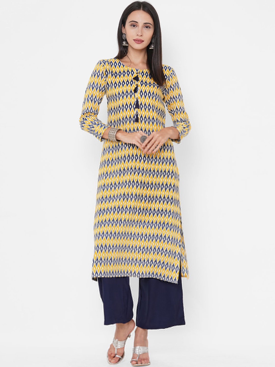 

FASHOR Women Mustard Yellow & Navy Ikat Print Kurta with Palazzos