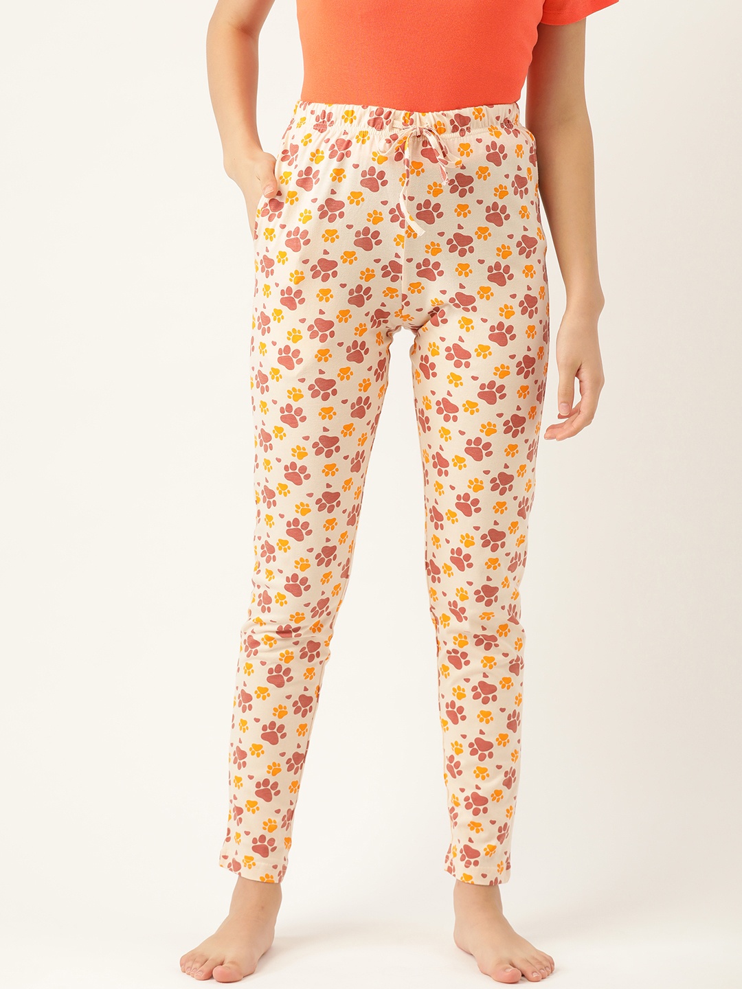 

ETC Women Off-White & Rust Orange Paw Print Lounge Pants