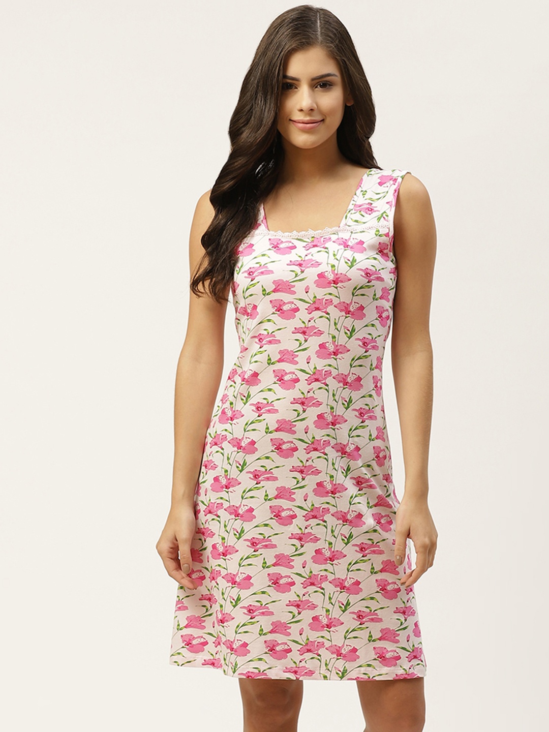 

ETC Women White & Pink Floral Print Pure Cotton Nightdress
