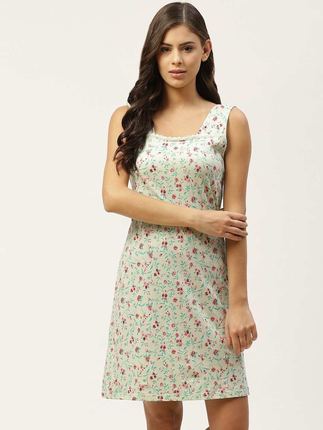 

ETC Off White & Green Floral Print Pure Cotton Nightdress