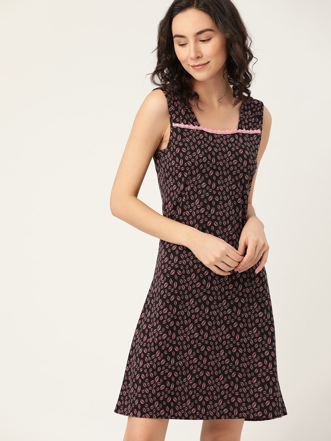 

ETC Women Black & Pink Printed Pure Cotton Nightdress
