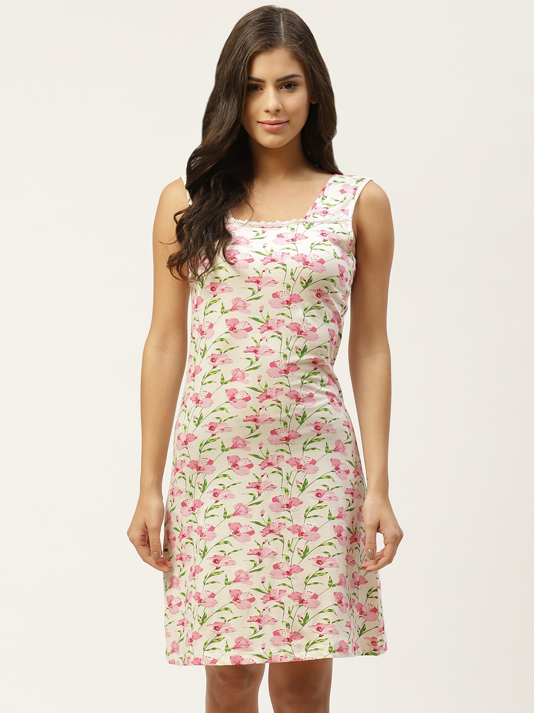 

ETC Off White & Pink Floral Print Pure Cotton Nightdress