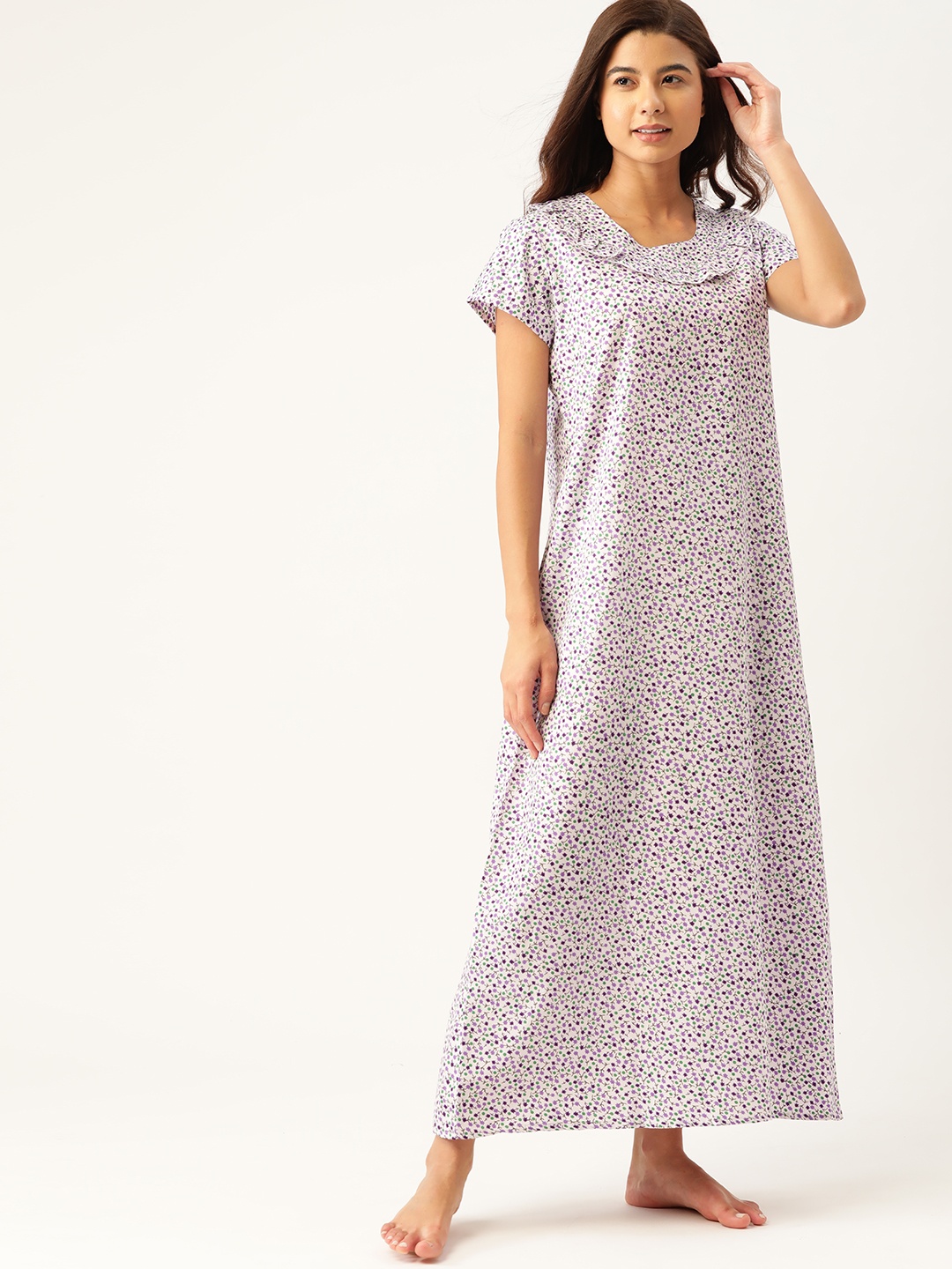 

ETC White & Purple Floral Printed Pure Cotton Maxi Nightdress