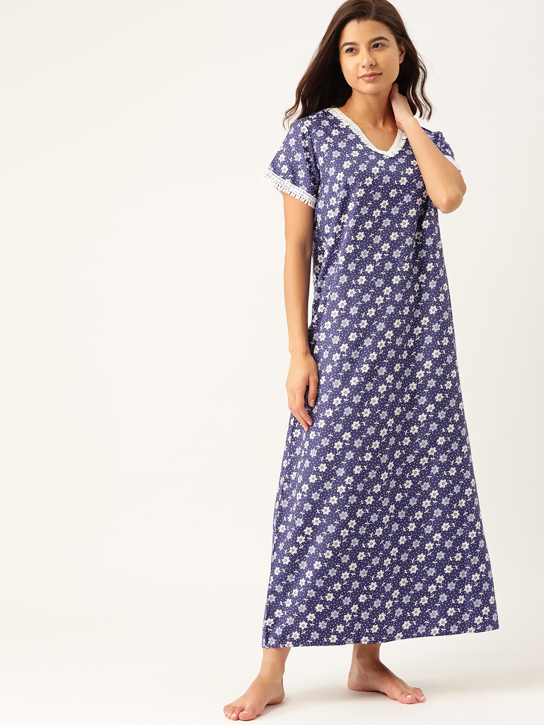 

ETC Navy Blue & White Floral Printed Maxi Nightdress