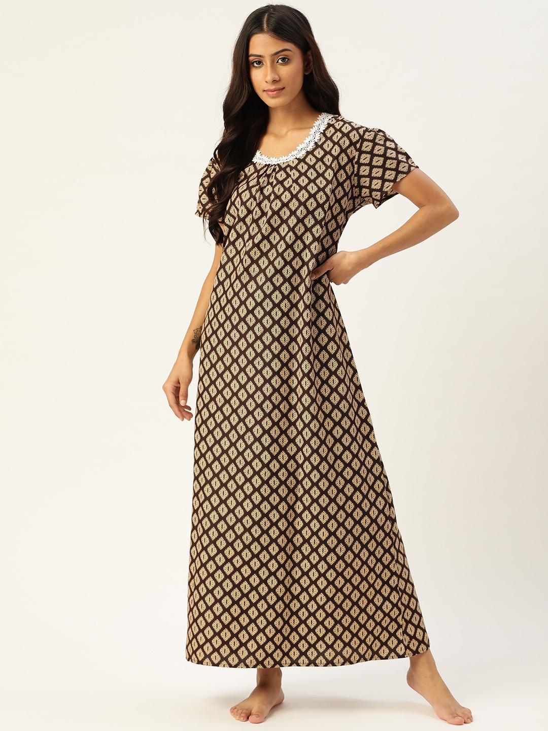 

ETC Brown & Beige Geometric Printed Maxi Nightdress