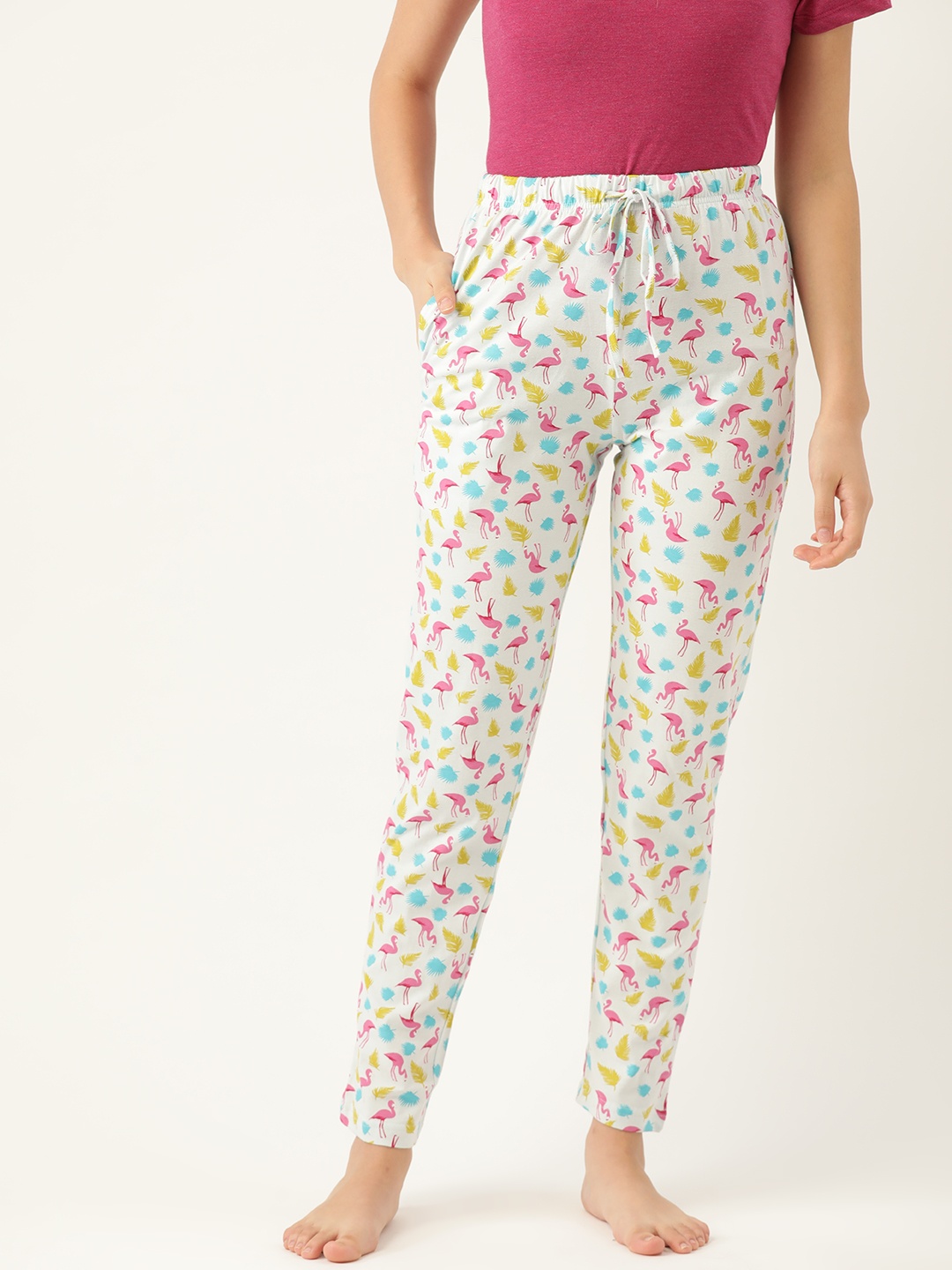 

ETC Women Off-White & Pink Regular Fit Printed Pure Cotton Lounge Pants