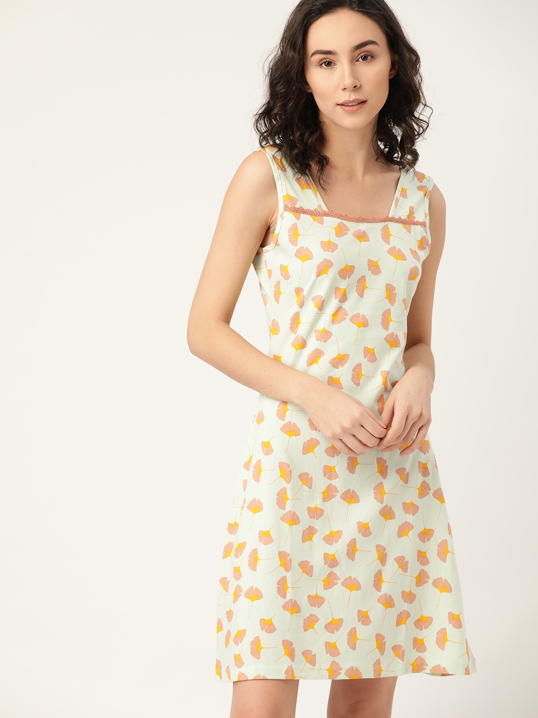 

ETC Women Green & Peach-Coloured Printed Pure Cotton Night Dress
