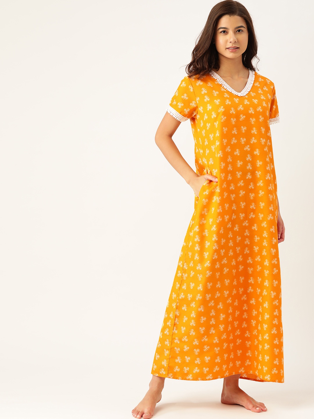 

ETC Mustard Yellow & Off-White Printed Maxi Nightdress