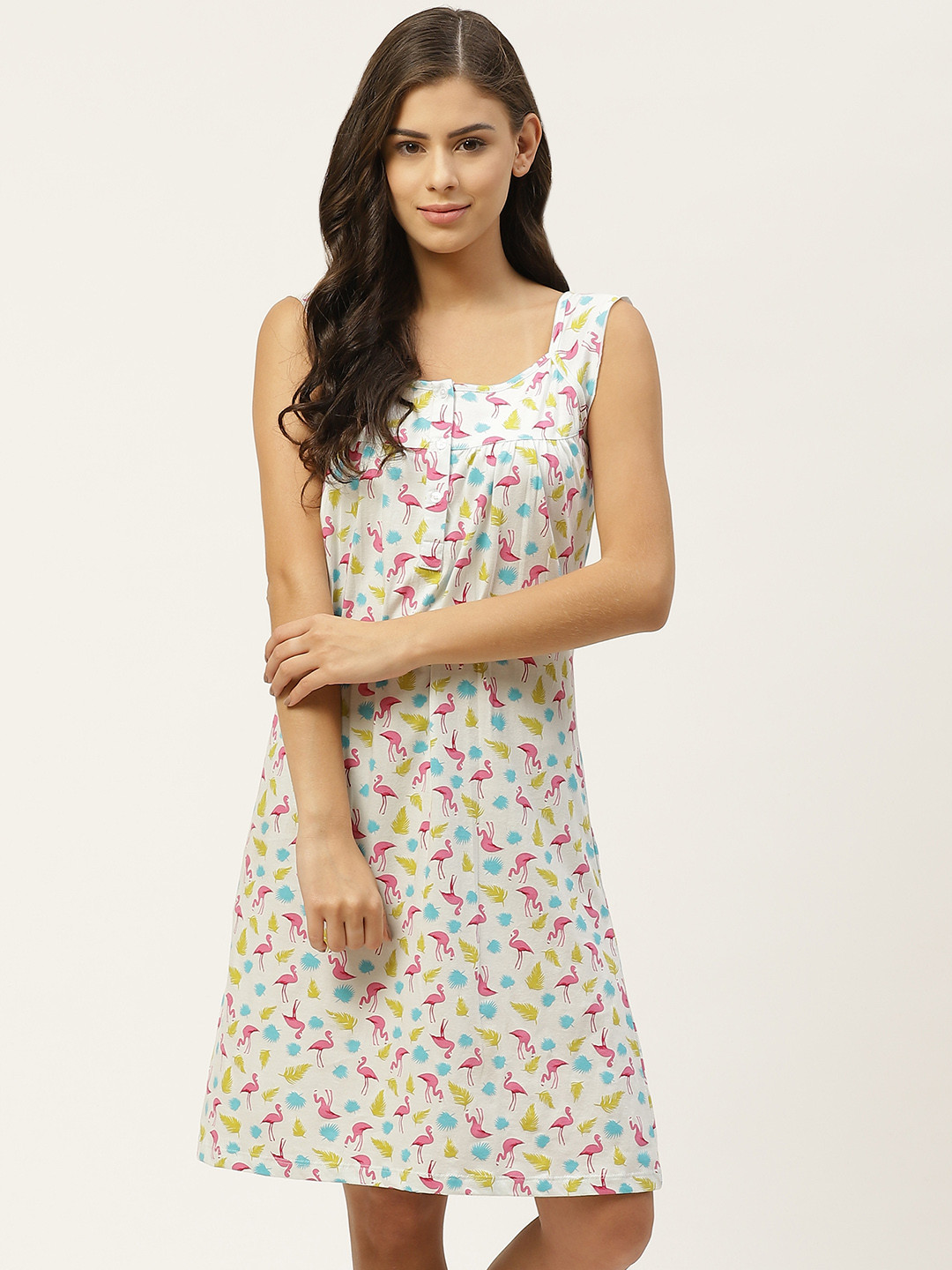 

ETC White & Pink Flamingo Printed Pure Cotton Nightdress