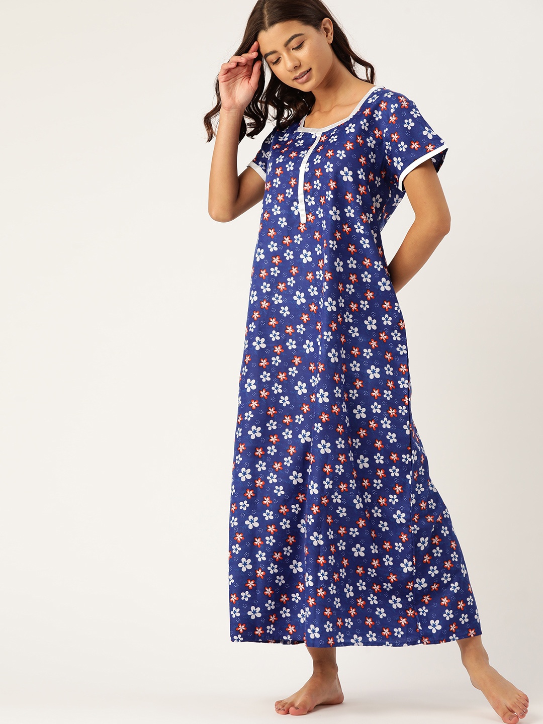 

ETC Navy Blue & White Printed Maxi Nightdress