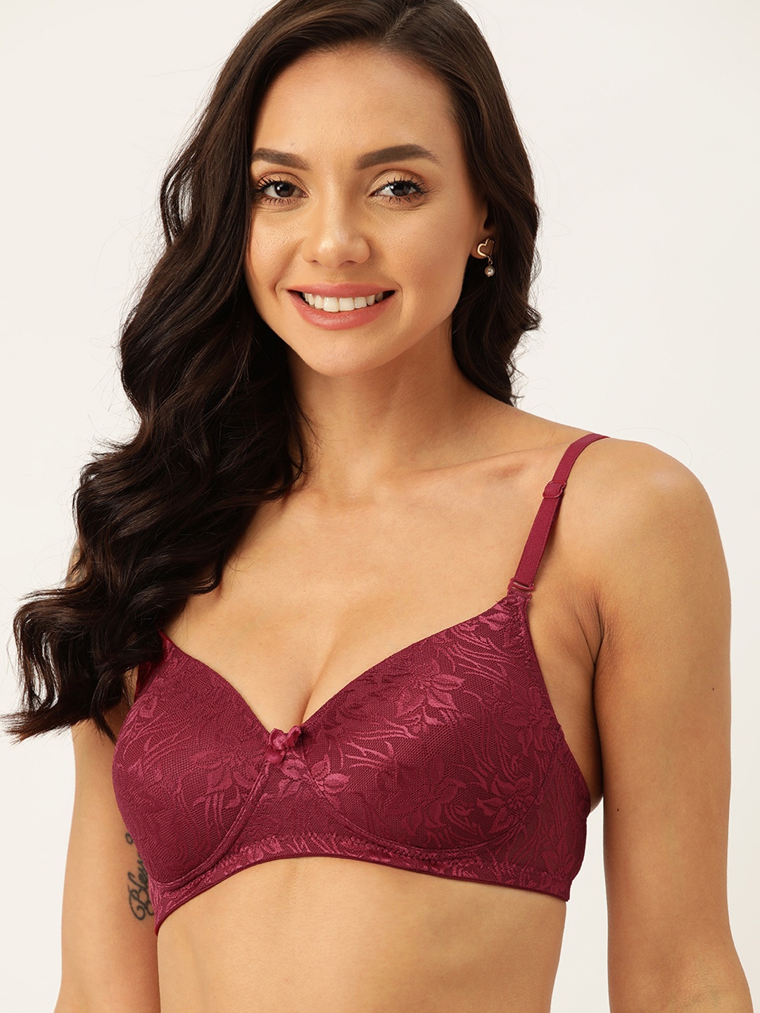 

DressBerry Burgundy Floral Self Design T-shirt Bra - Medium Coverage Lightly Padded