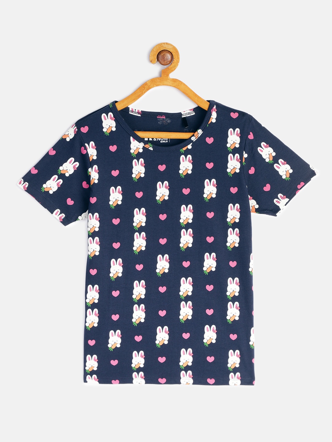 

HERENOW Girls Navy Blue Conversational Printed Pure Cotton T-shirt