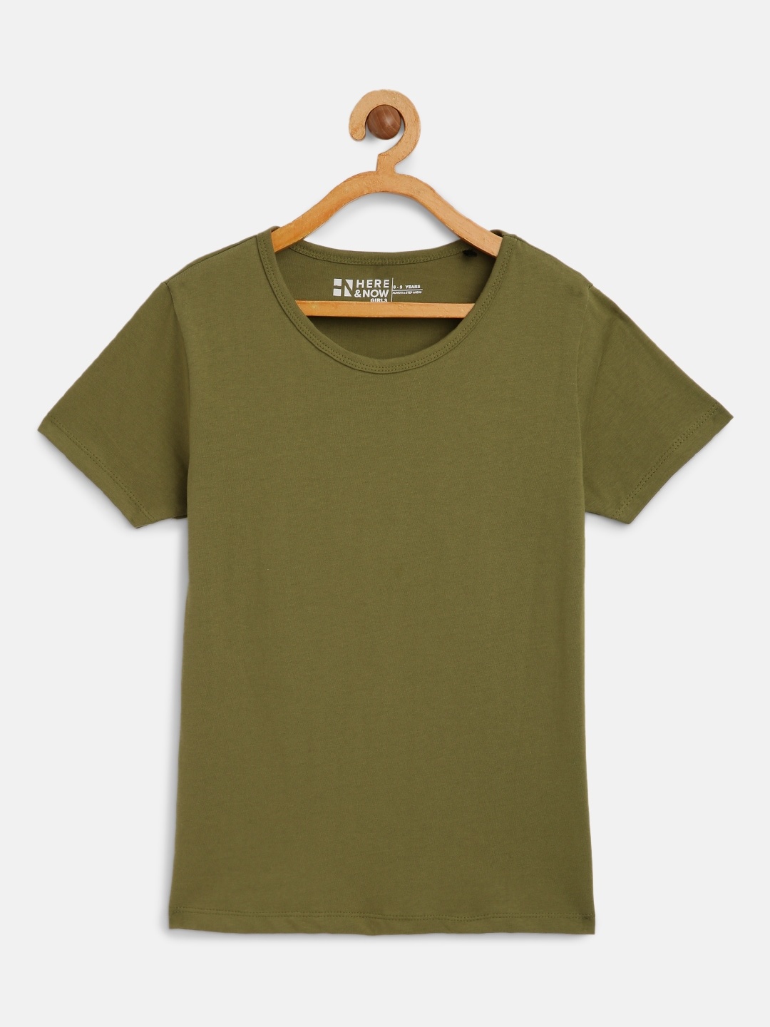 

HERENOW Girls Olive Green Solid Pure Cotton T-shirt