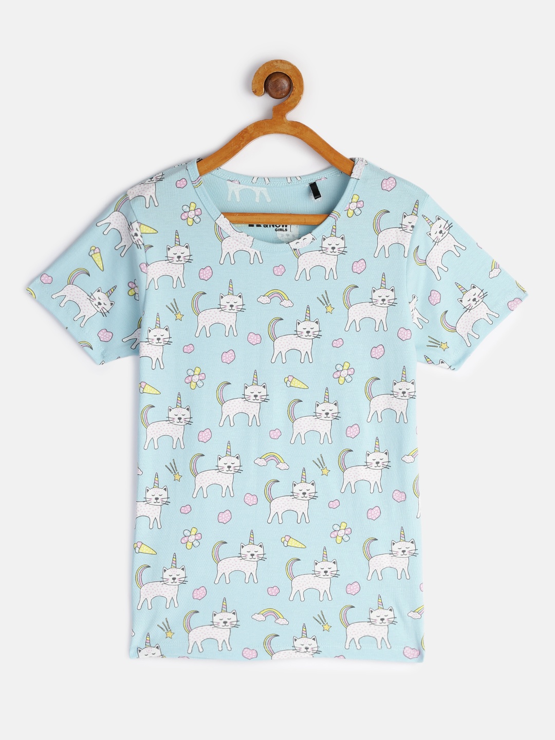 

HERENOW Girls Blue Conversational Printed Pure Cotton T-shirt