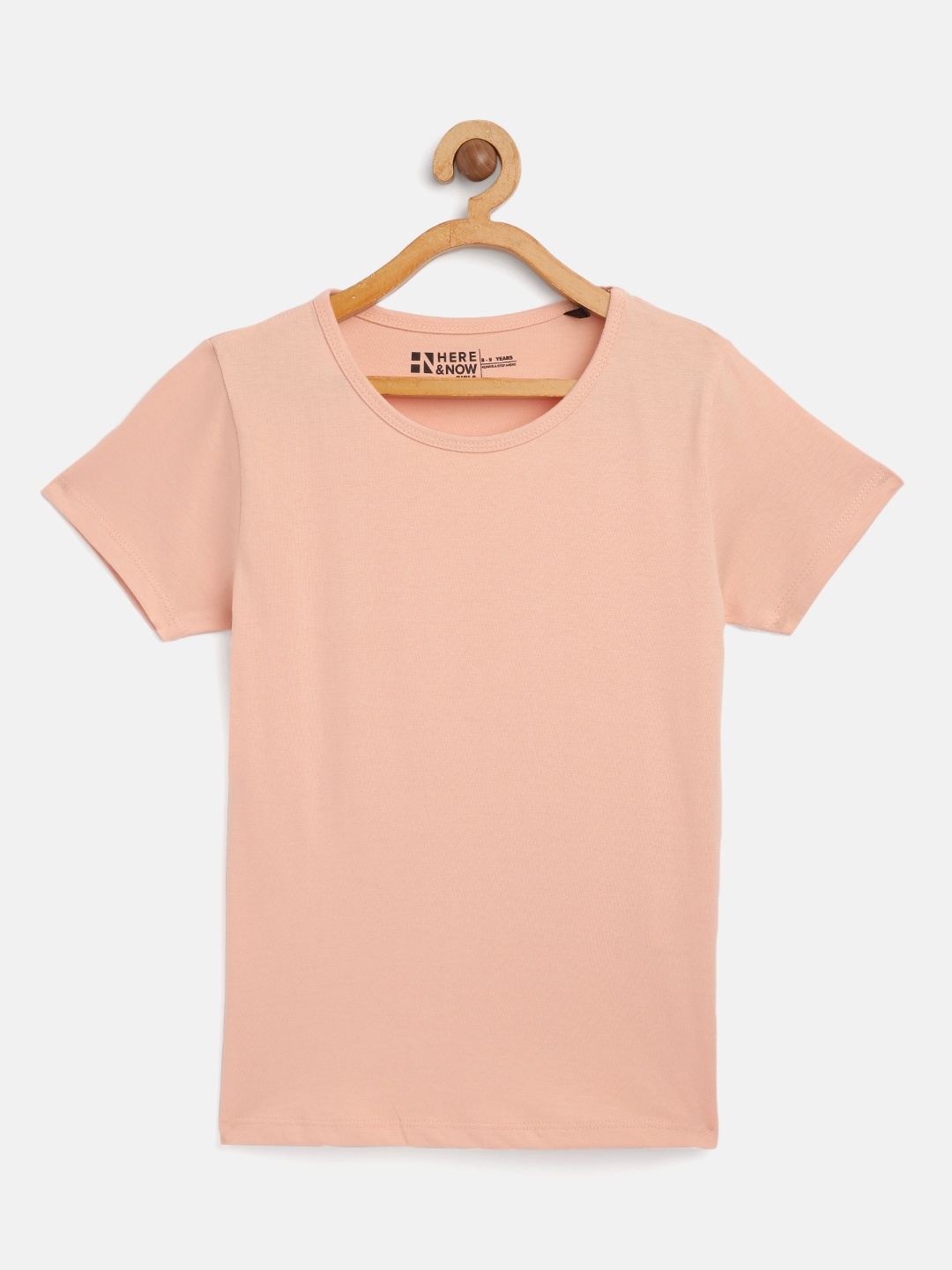 

HERENOW Girls Peach-Coloured Solid Pure Cotton T-shirt