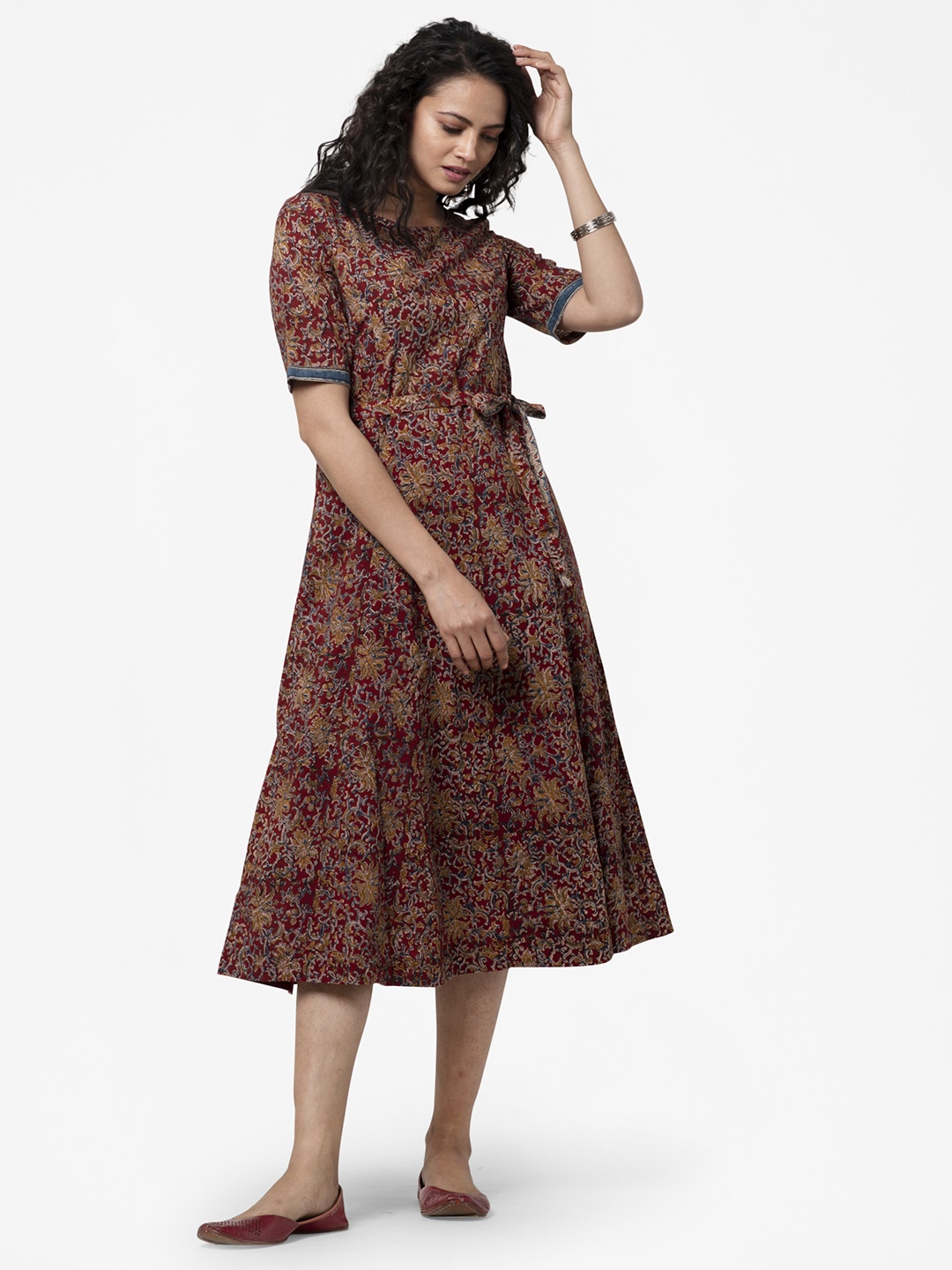 

Fabindia Maroon & Mustard Yellow Pure Cotton Ethnic Printed Kalamkari A-Line Midi Dress