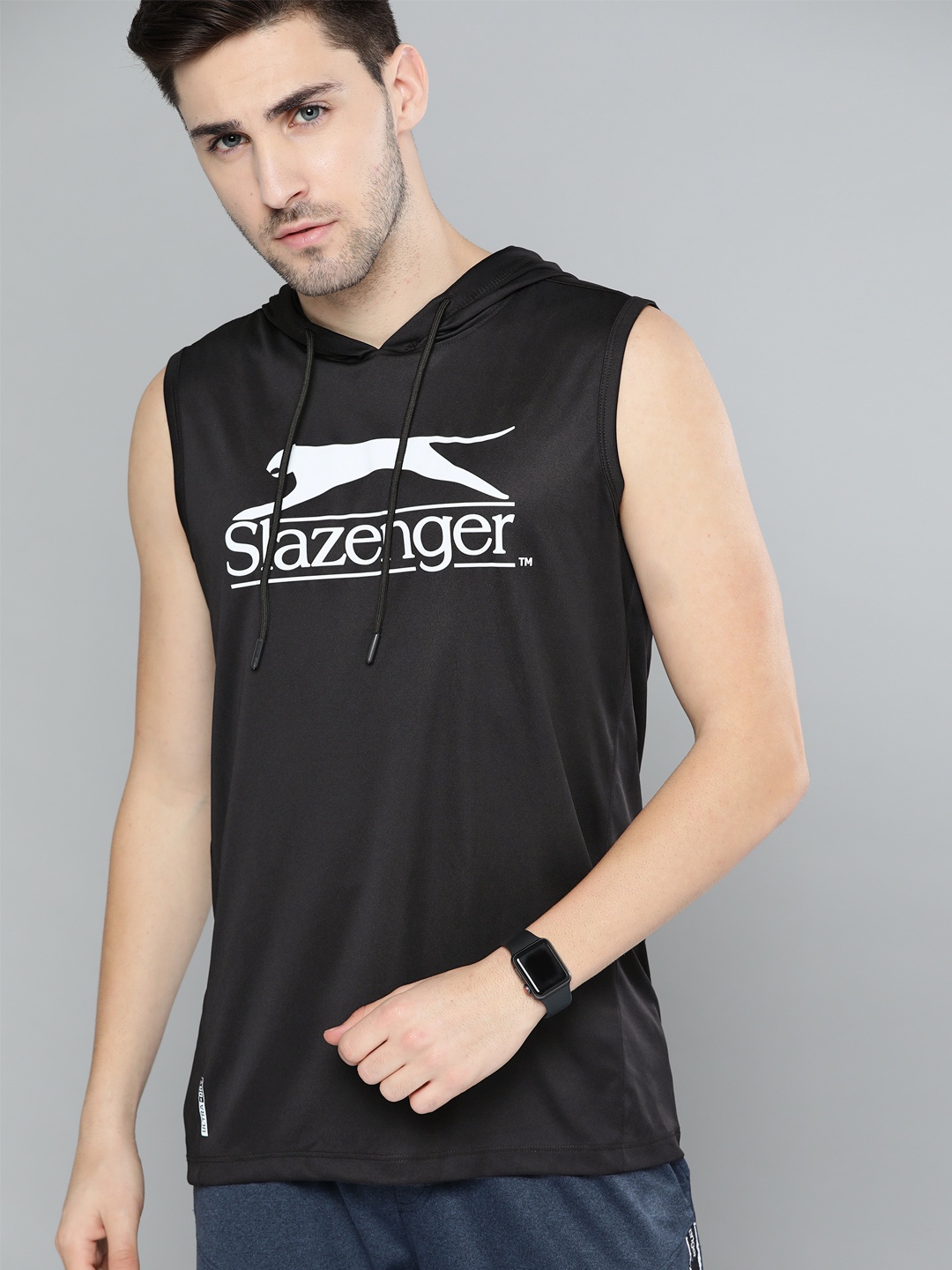 

Slazenger Men Black & Charcoal Grey Brand Logo Print Hooded T-shirt