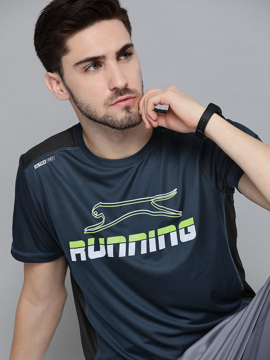 

Slazenger Men Navy Blue & White Brand Logo Print Running T-shirt